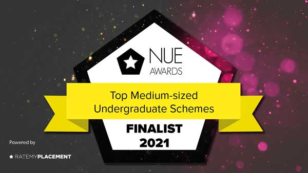 NUE Awards logo, finalist 2021 for top medium-sized undergraduate schemes.